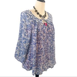 Lucky Brand Women’s Tunic Blouse 2X Top Blue White 3/4 Sleeves Boho Peasant
